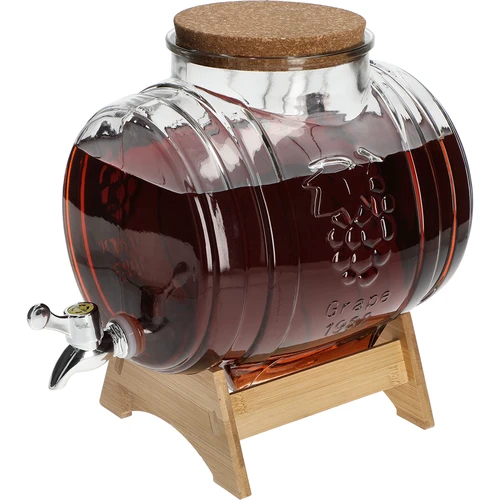 Стъклена бъчвичка 5 L, с широко гърло, коркова тапа, стойка и кранче - 4
