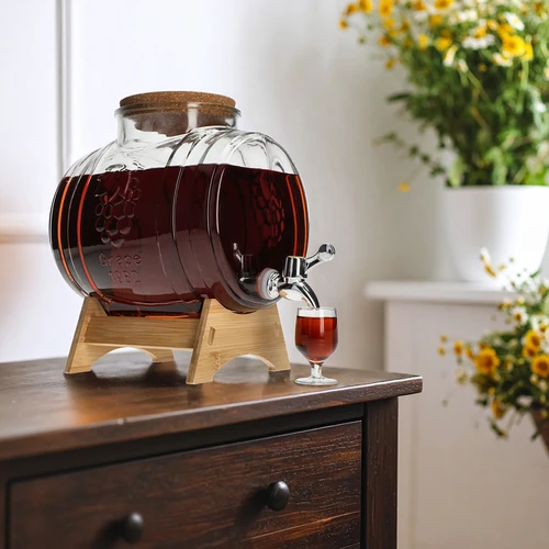 Стъклена бъчвичка 5 L, с широко гърло, коркова тапа, стойка и кранче - 6